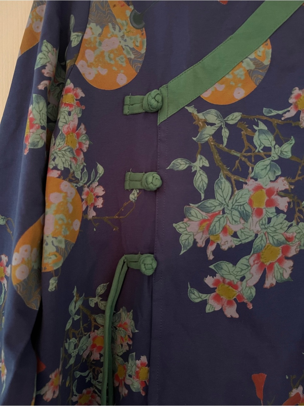 Asian inspired Navy Floral Two-Piece Pajama Set with Green Trim - Picture 4 of 12